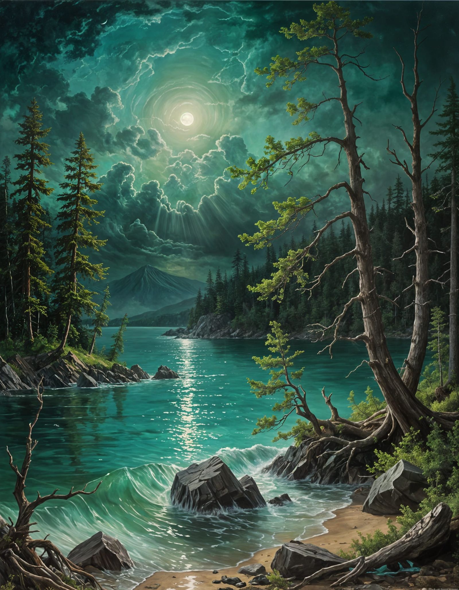 Ocean Storms Under Moonrise: Vivid Oil Painting