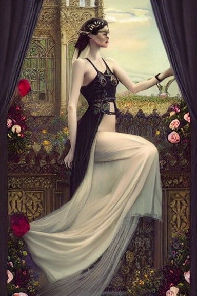 Gothic Castle Scene with Androgynous Figure in Gown