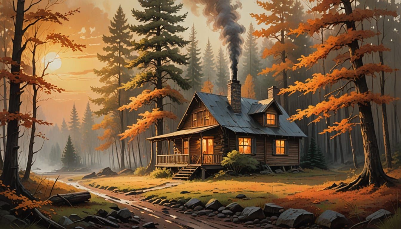 Secluded Cabin in Misty Woods: Oil Painting