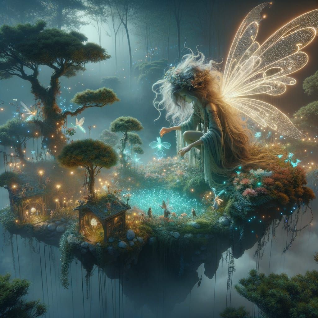 Mischievous Faerie Tends Bioluminescent Garden on Floating I...