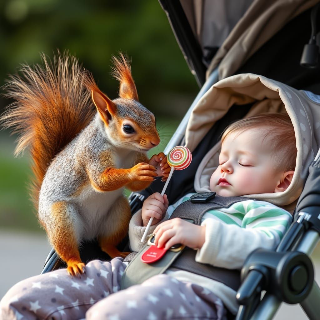 Red Squirrel Steals Lollipop from Sleeping Toddler
