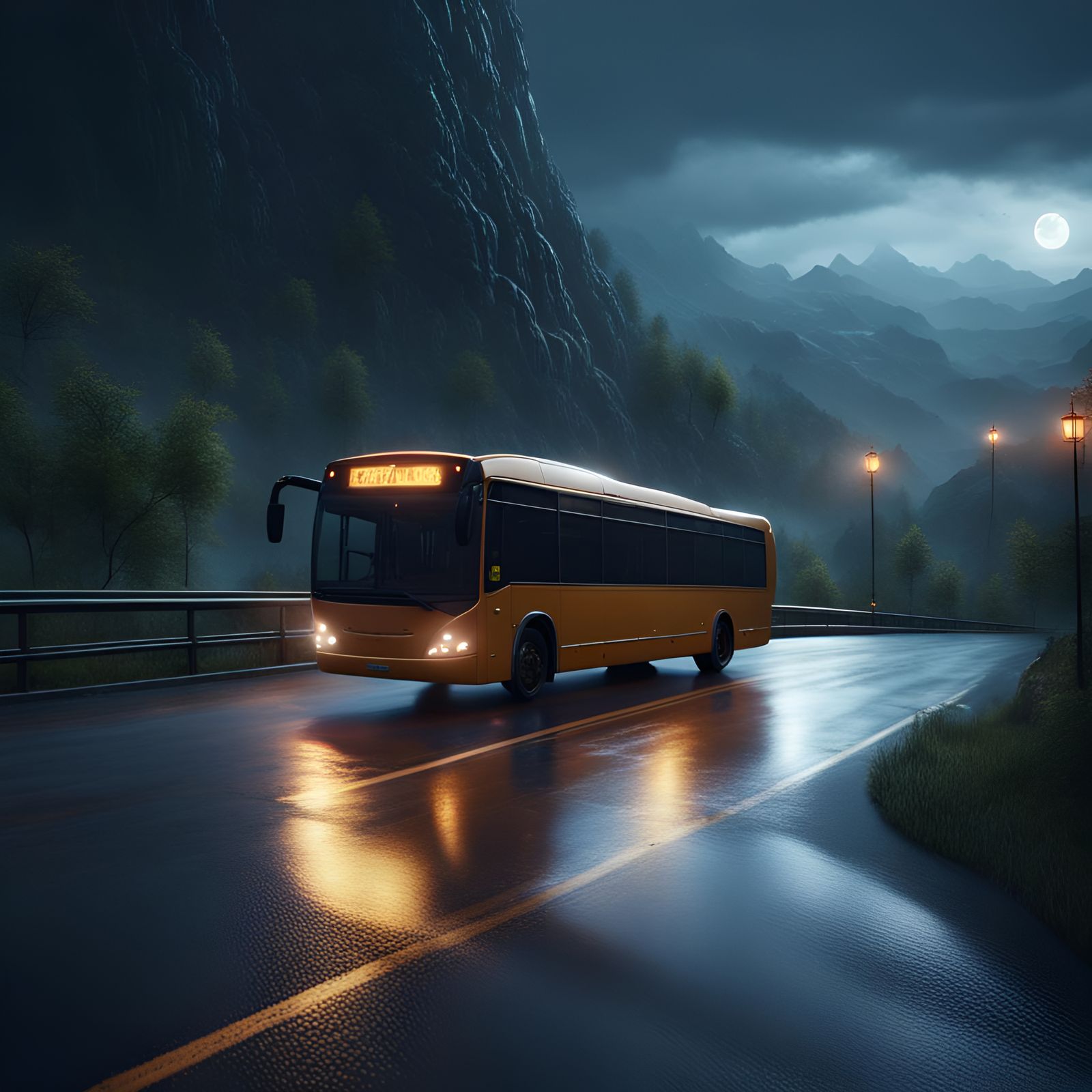 Empty Bus on Mountain Road: Matte Painting