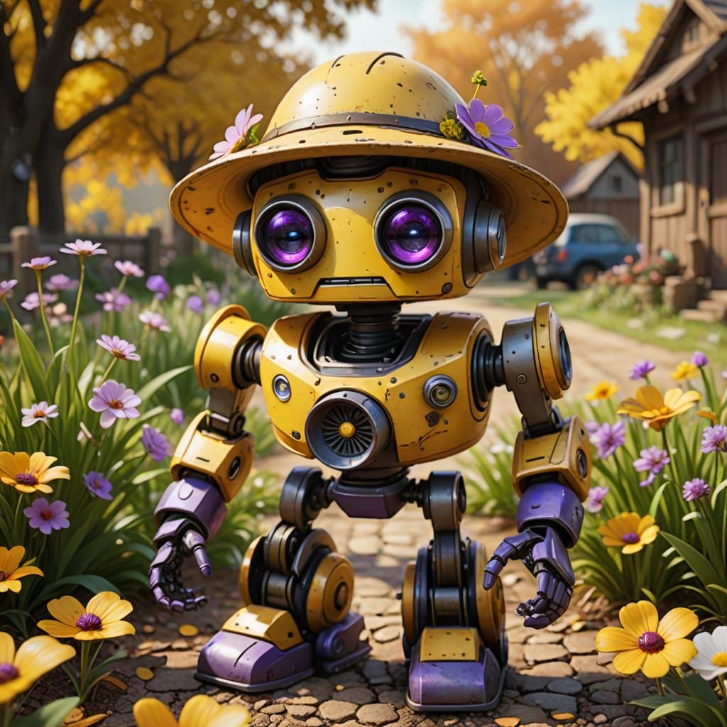 Whimsical Robot Gardener with Flower Pot, Pixar Style