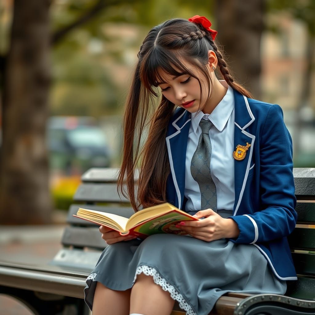 Schoolgirl Reading in a Park Scene in Hyperrealistic Style