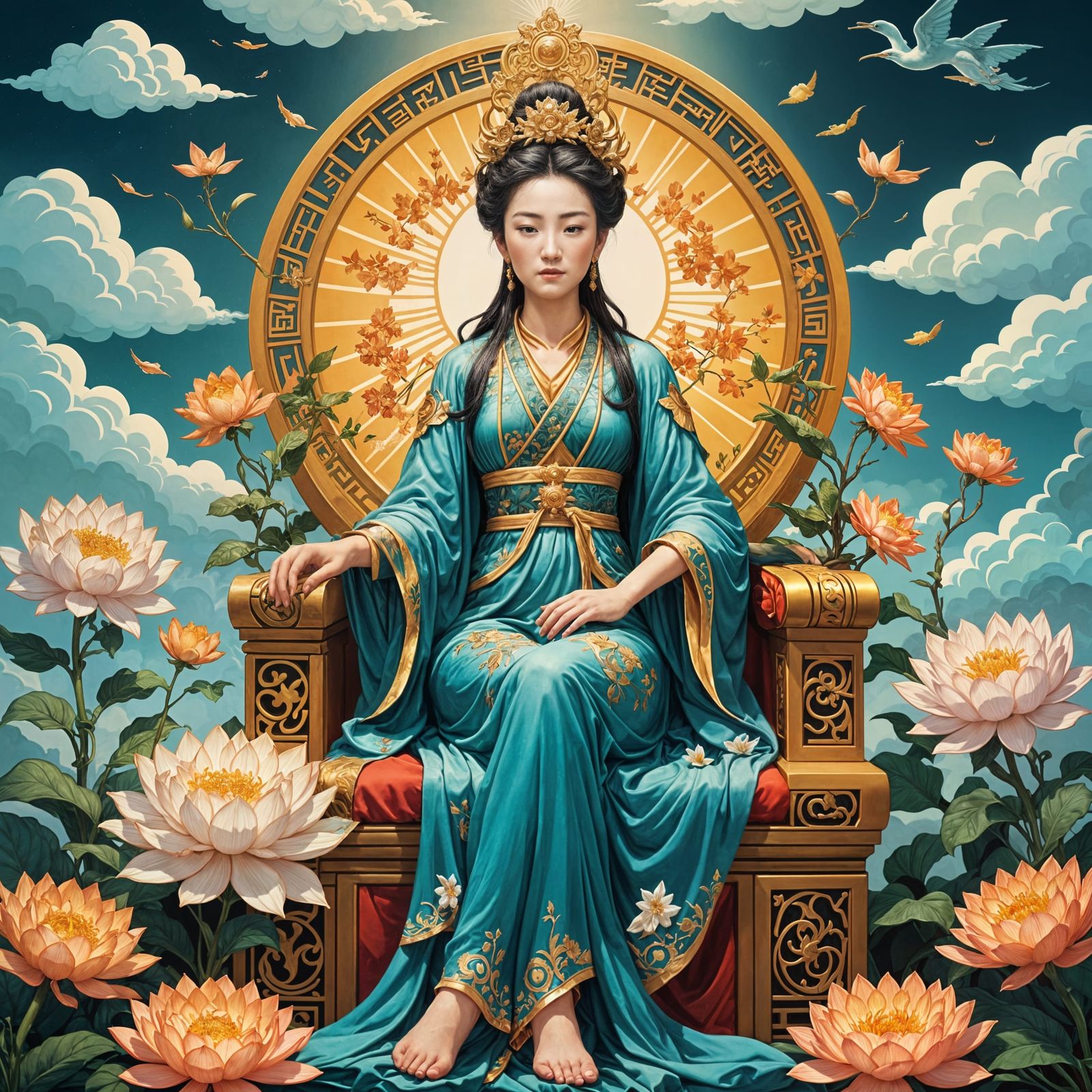 Fantasy Goddess on Throne Amidst Flowers and Clouds
