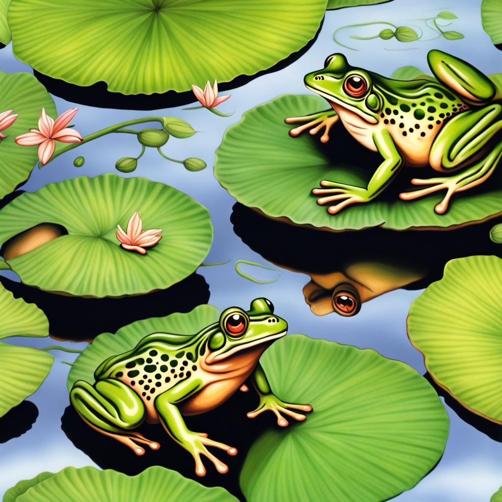 Frogs Catching Bugs: Airbrush Art on Lily Pads
