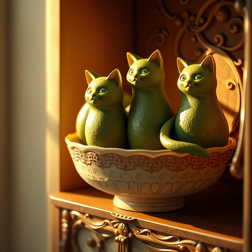 Ethereal Avocado Cats on a Shelf, Softly Illuminated