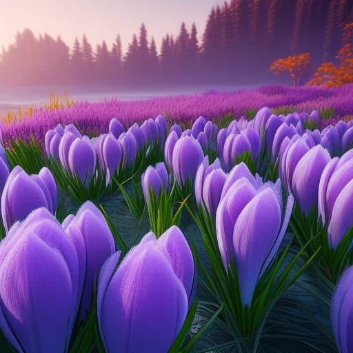 Freezing Crocus Flowers in Fantasy Landscape