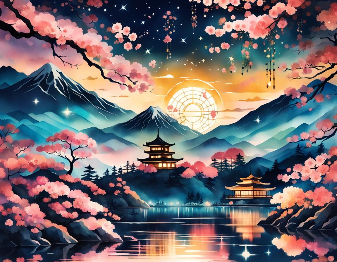 Sakura Silhouette in Golden Hour Ink Painting