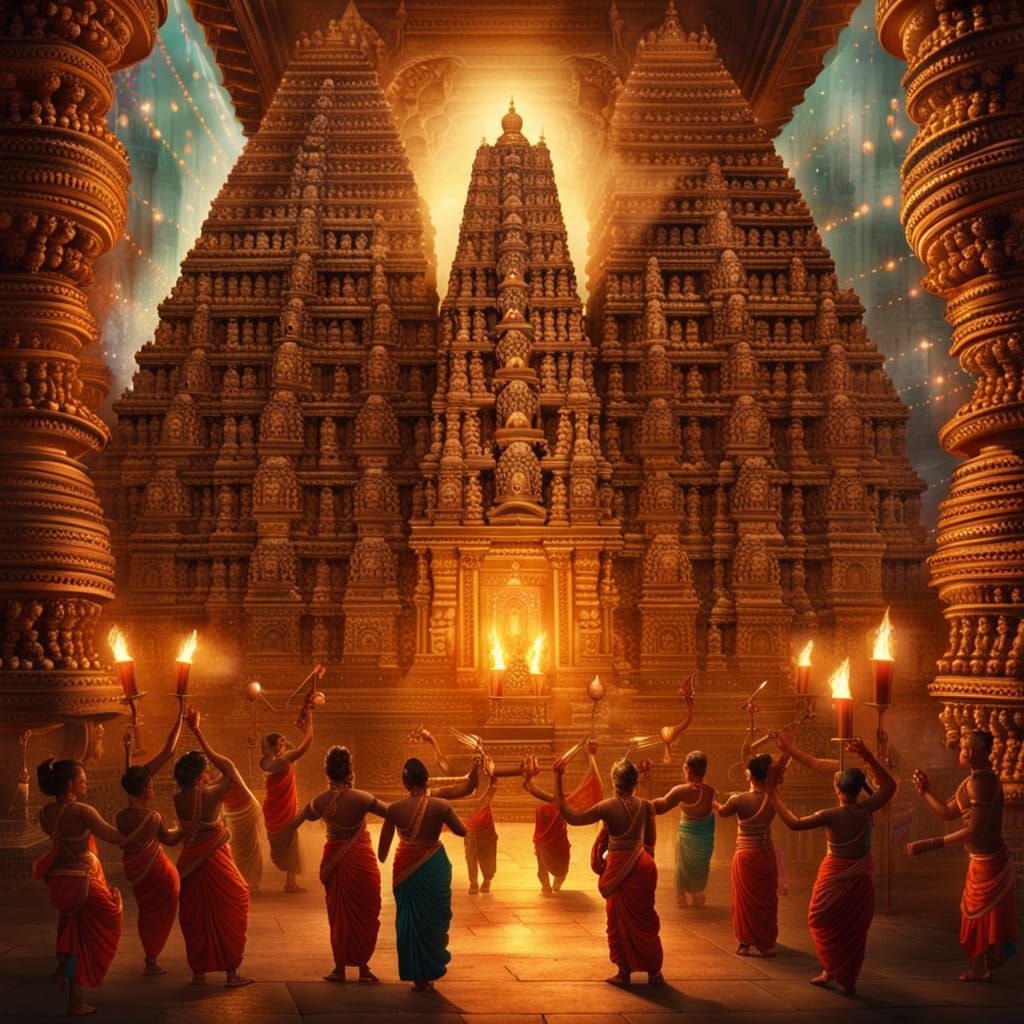 Intricate Dravidian Temple with Diwali Celebrations