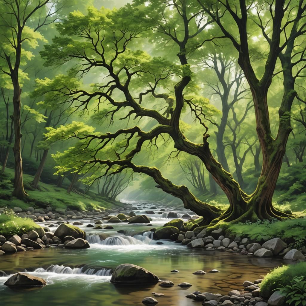Lush Tree by Stream: A Tranquil Matte Painting