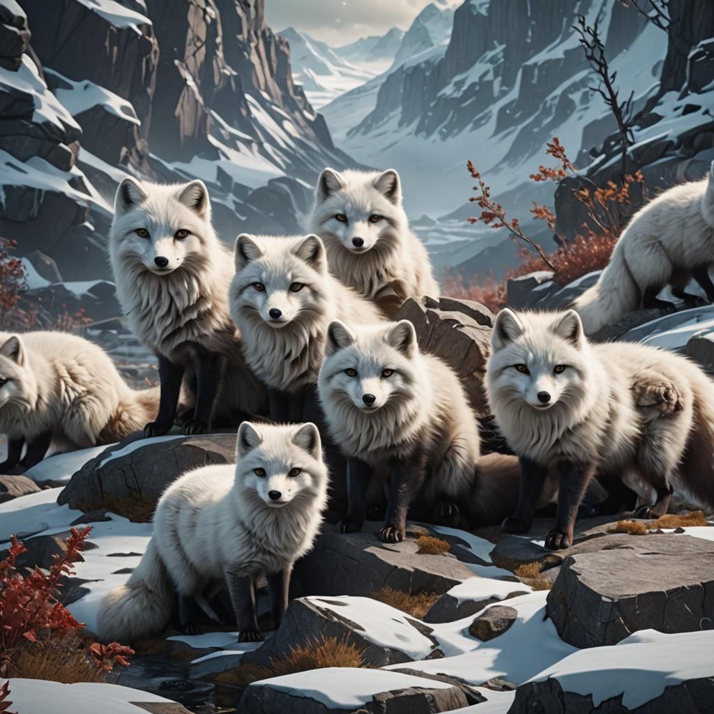 Arctic Fox Family in Detailed Matte Painting