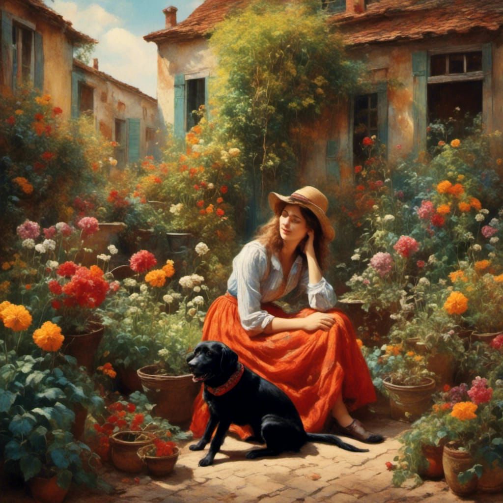 Woman and Labrador in Colorful Garden