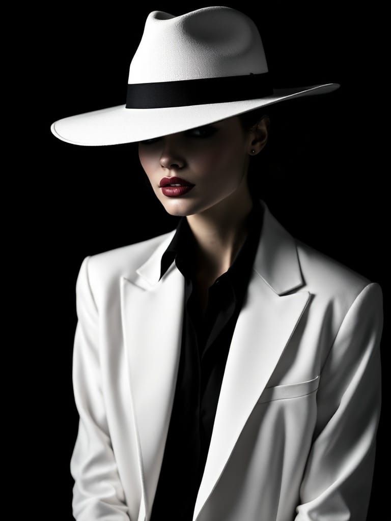 Elegant Woman in Crisp White Suit Jacket and Fedora Hat, Sil...