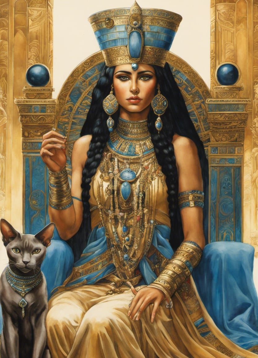 Queen Cleopatra and Sphynx Cat Watercolor Portrait