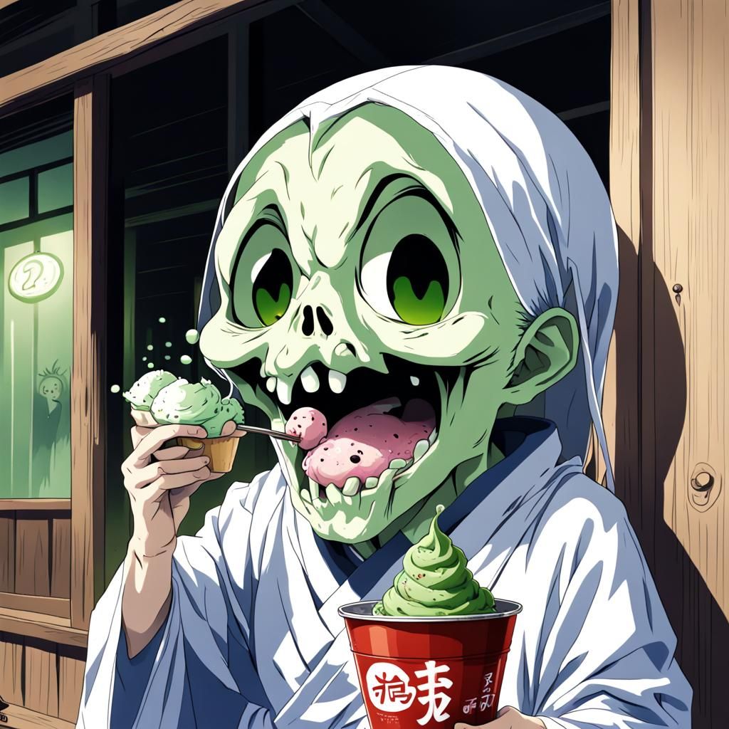 Scary Japanese Ghost Enjoys Matcha Ice Cream in Anime Style