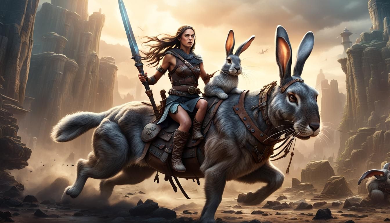 Warrior Woman Rides Giant Rabbit in Apocalyptic World