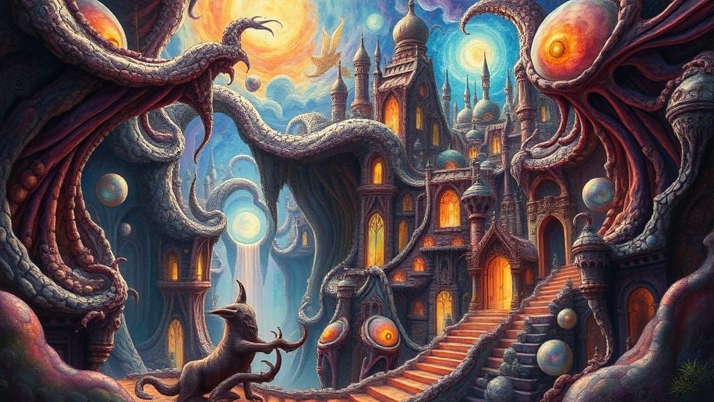 Surreal Fractal Cityscape Inspired by Ernst Fuchs