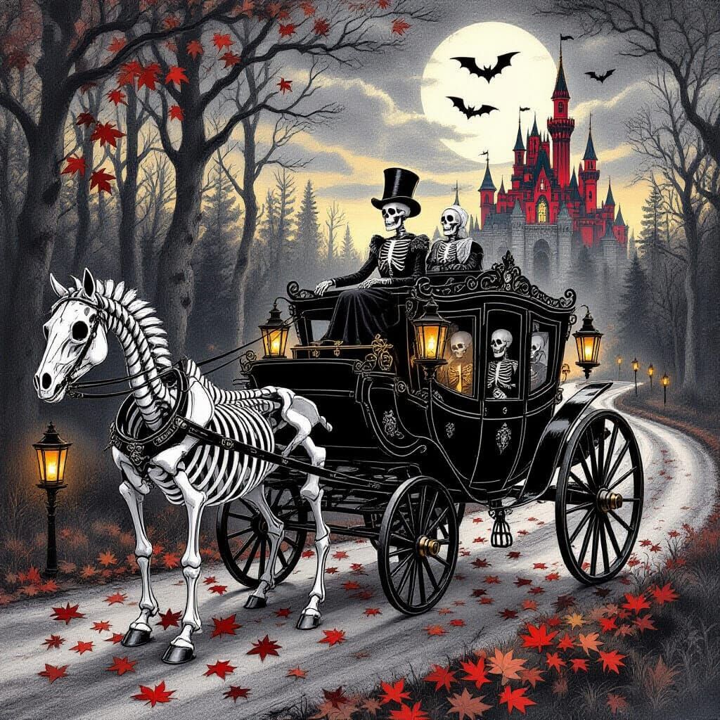 Gothic Horse Skeleton Pulls Carriage with Princess