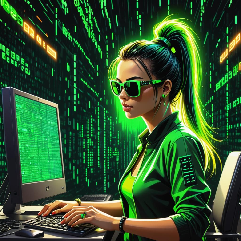 Cartoon Woman Coding in Neon 80s Style