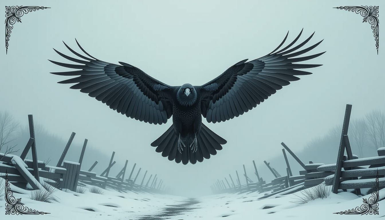 Raven Soaring Over Battlefield in Mystical Realism
