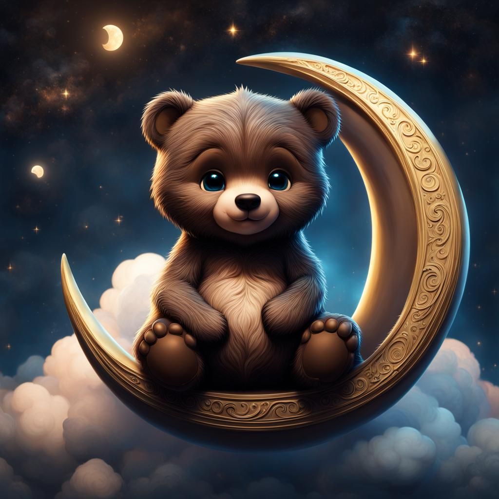 Chibi Bear Cub on Moon, Pixar Style