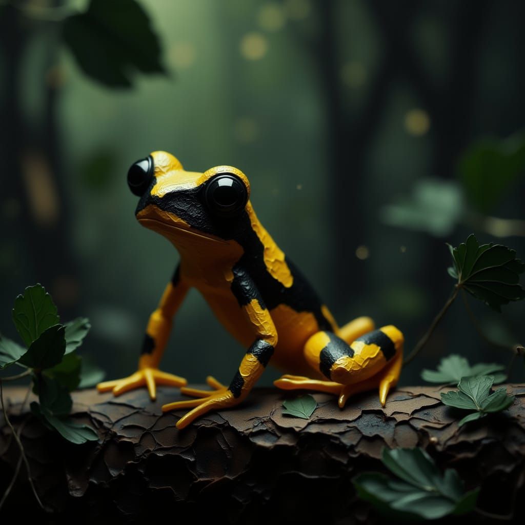 Vibrant Black and Yellow Frog Winking in Macro Focus