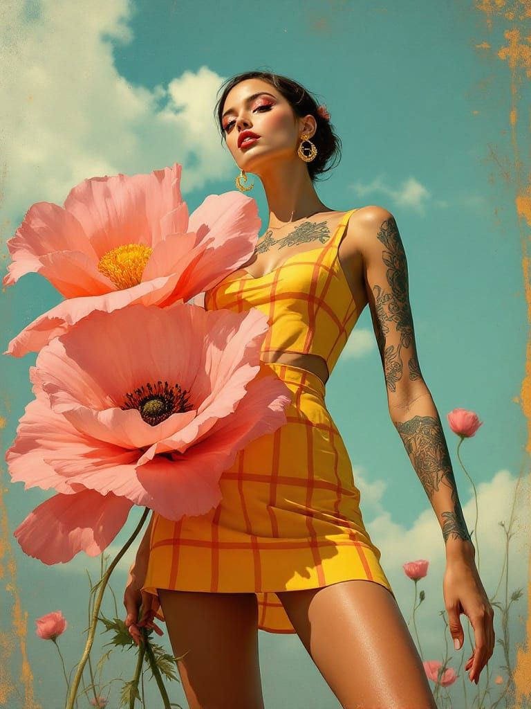 Elegant Woman with Giant Poppy in Art Deco Street Art Style