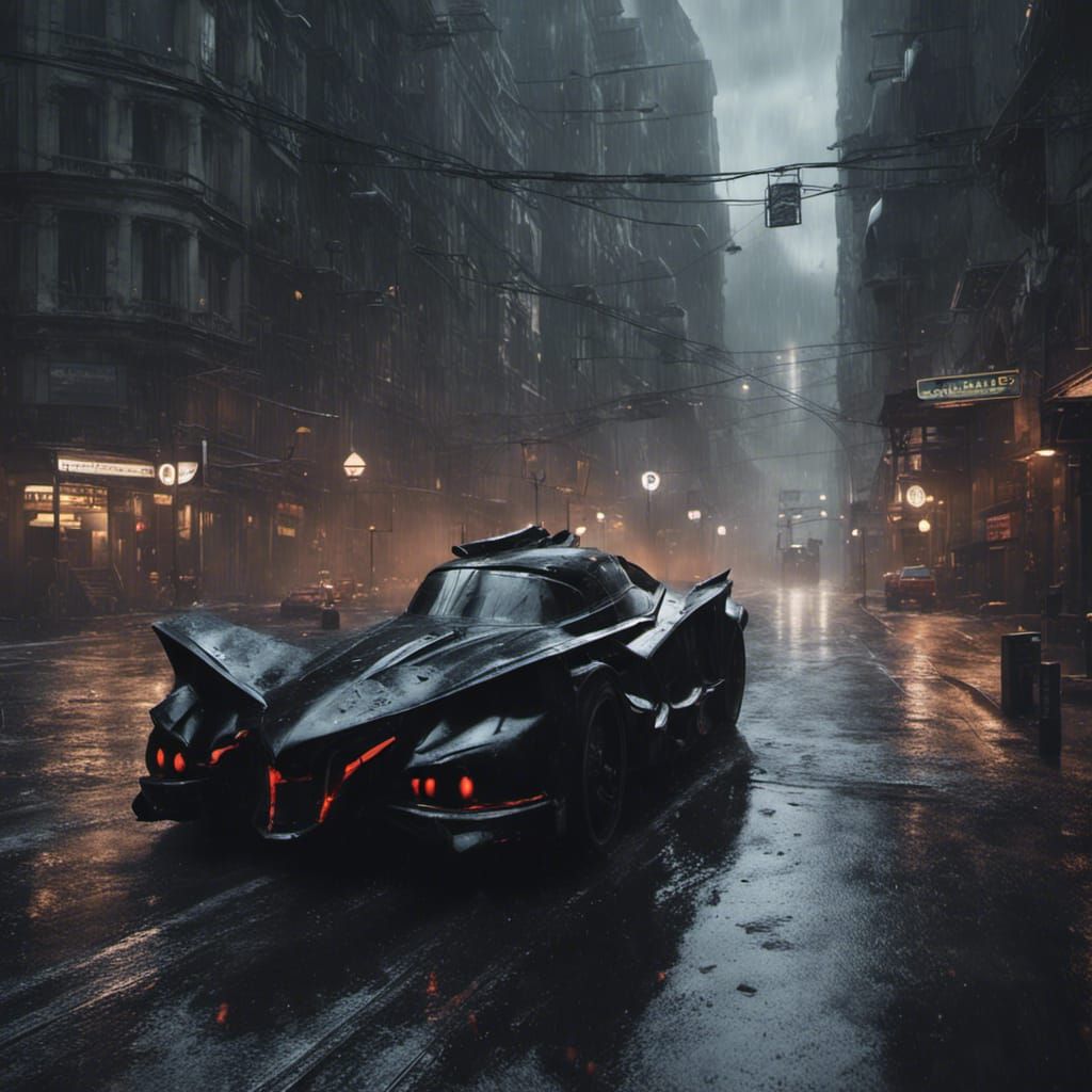 Batmobile in Dark Rainy City: Detailed Matte Painting