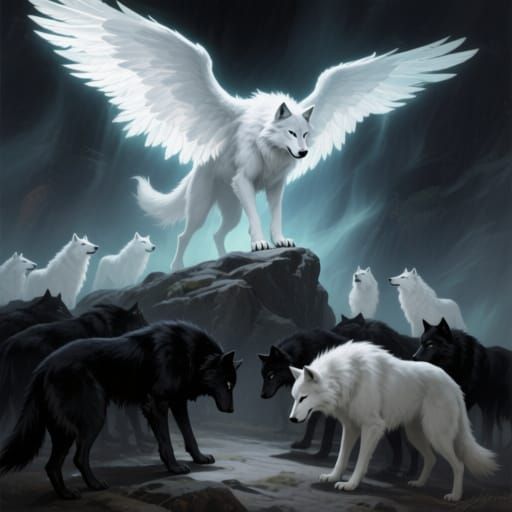 White Winged Werewolf Dominates Pack of Black Wolves