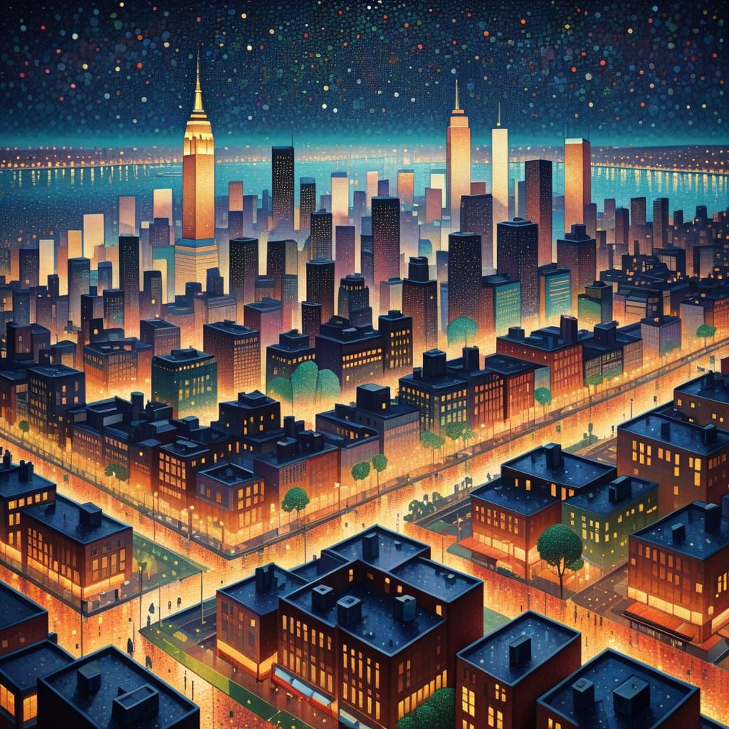 Seurat Style Cityscape at Night in Pointillism