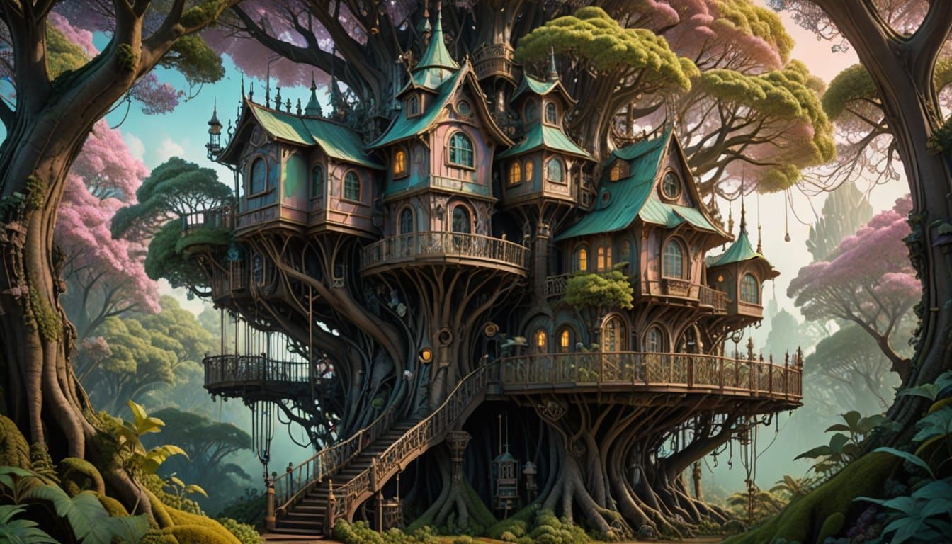 Whimsical Steampunk Fairy's Treehouse in Vibrant Pastel Hues