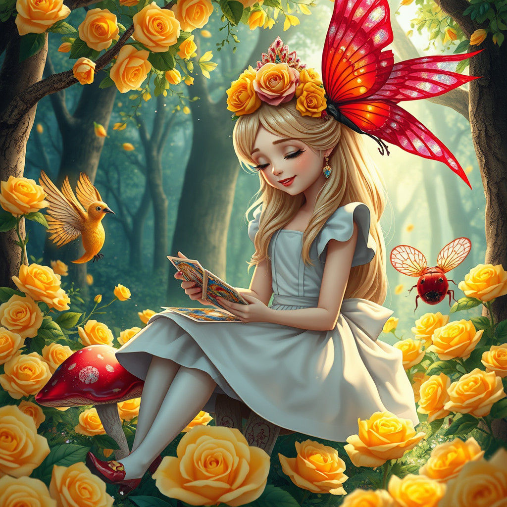 Alice Reads Tarot with Phoenix in Hyperrealistic Style