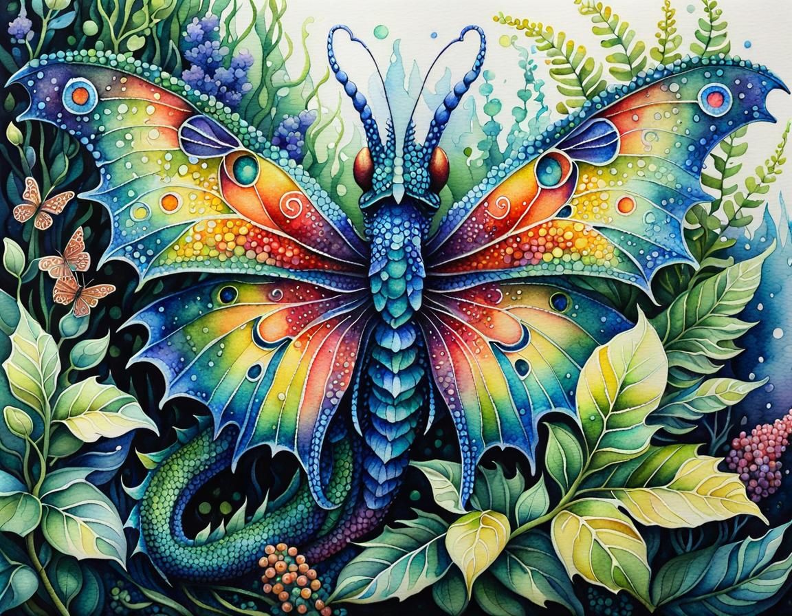Dragon with Butterfly Wings, Pointillist Watercolor