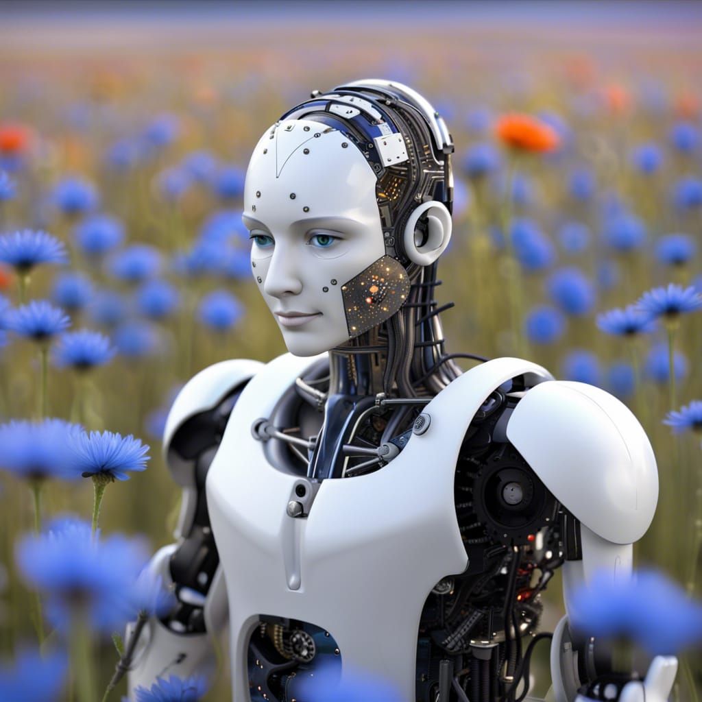 Robot Tenderly Holds Flower in Poppy Field