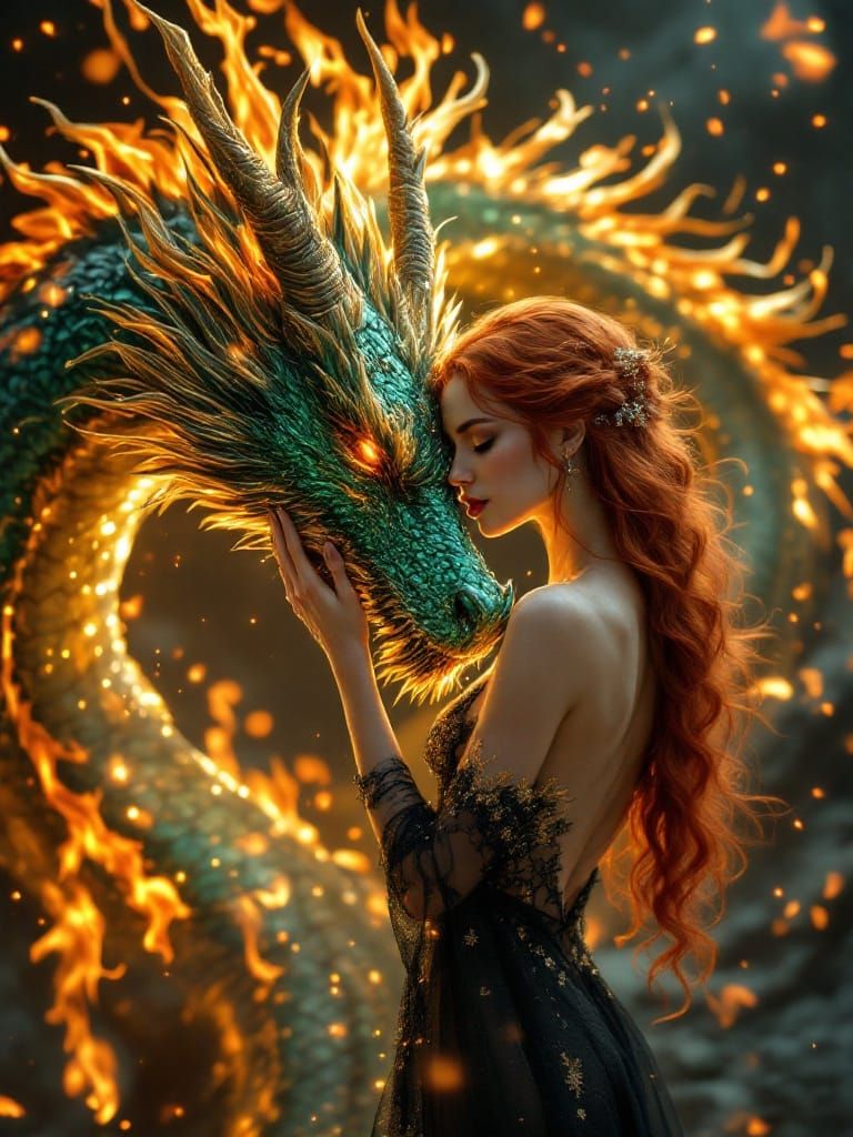 Ethereal Fantasy Woman Enveloped in Flames with Majestic Dra...
