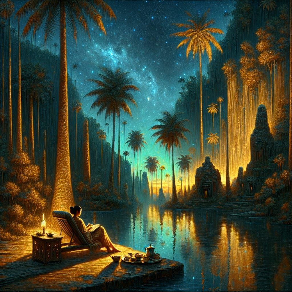 Tranquil Jungle Oasis at Twilight as Impasto Painting