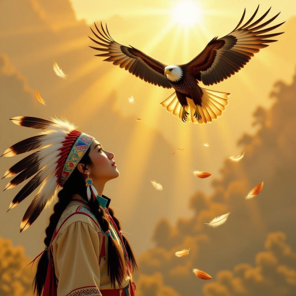Golden Eagle Soaring Above Little Hawk, Ethereal Illustratio...