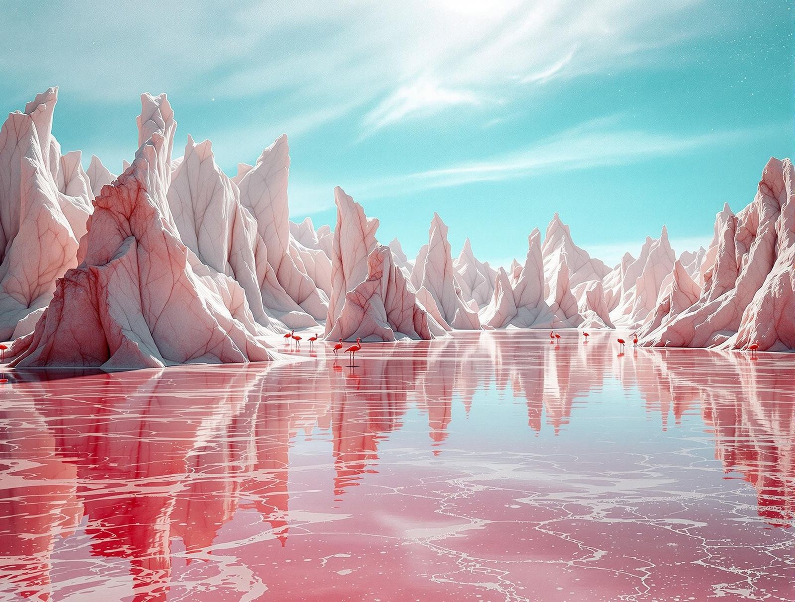 Surreal Digital Landscape with Camouflaged Flamingos