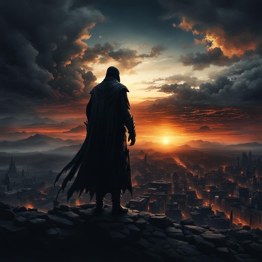 Dramatic Figure Emerging from Darkness at Sunset