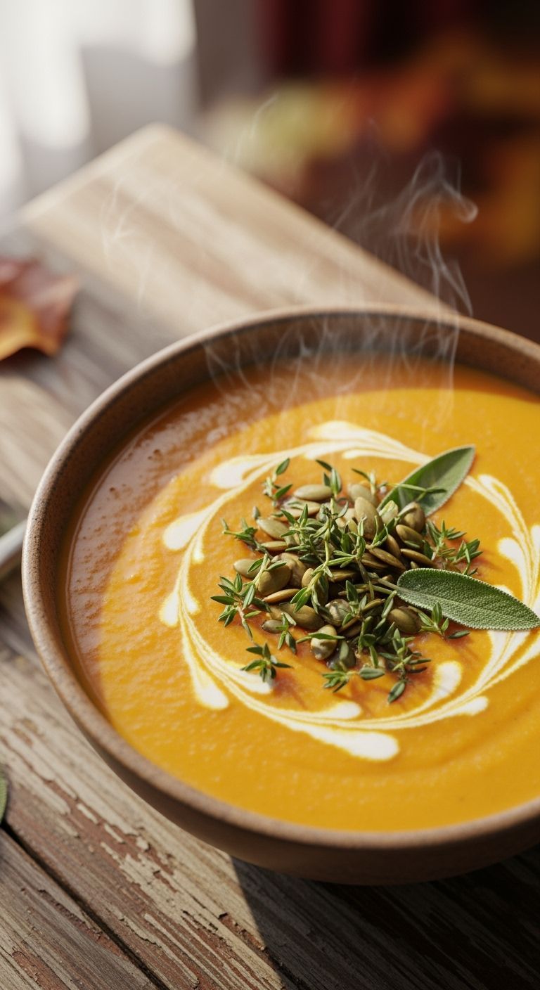 Creamy Pumpkin Soup Close-Up in Cinematic Autumn Light