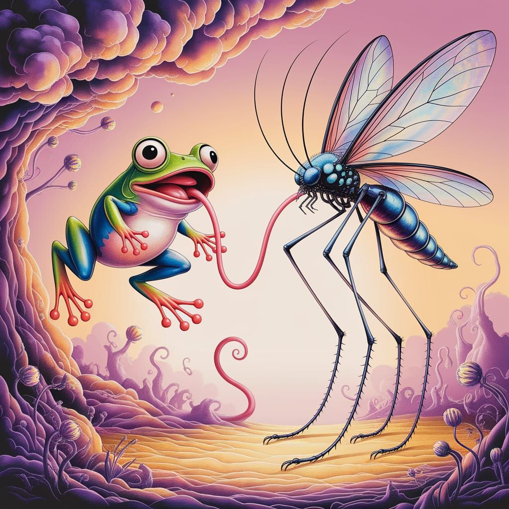 Giant Frog and Mosquito in Surreal Watercolor