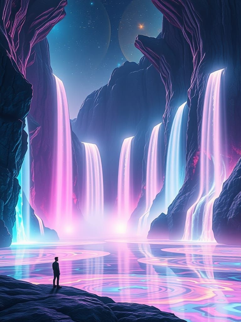Celestial Waterfalls in a Neon-Lit Landscape
