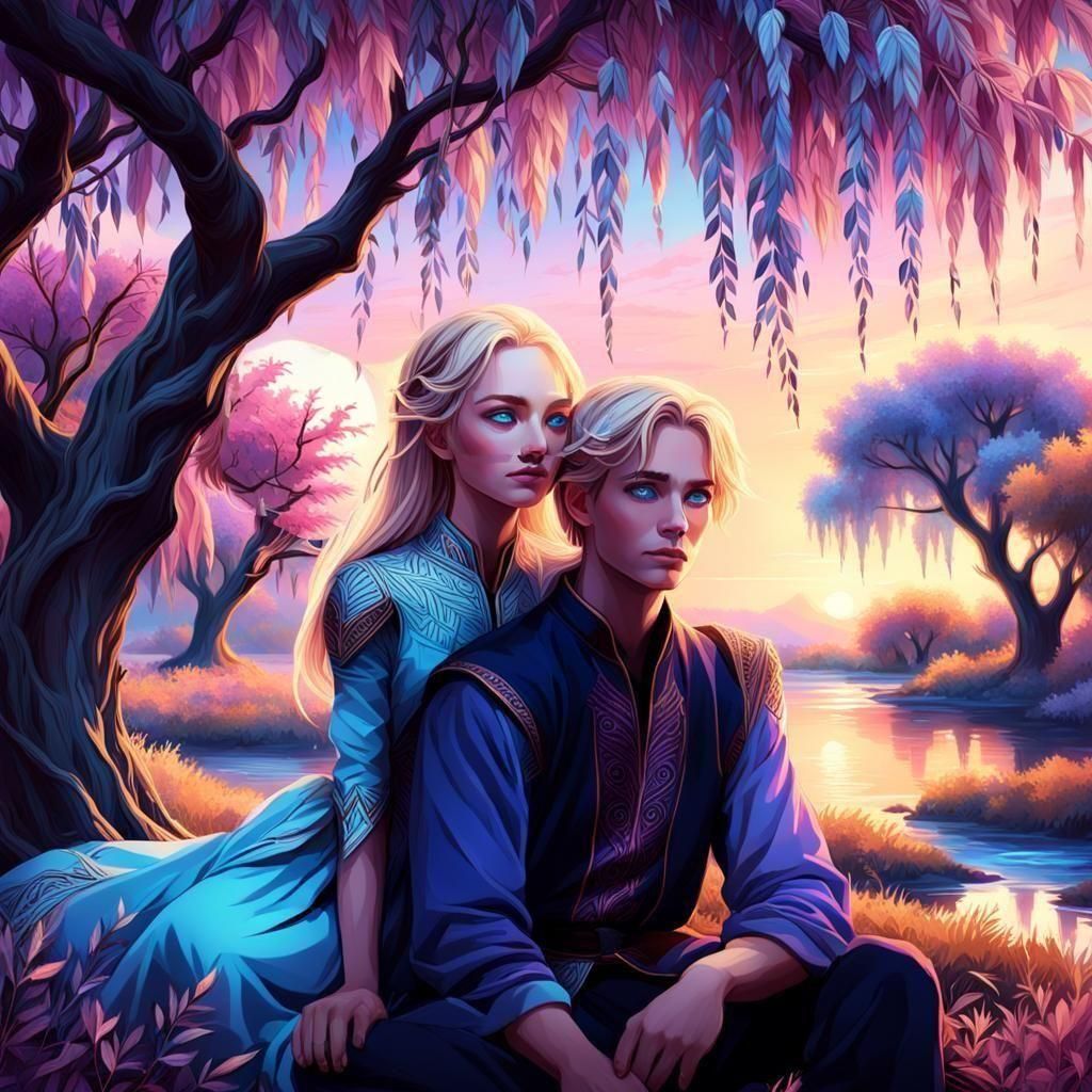 Blonde Girl and Boy Under Colorful Willow Tree