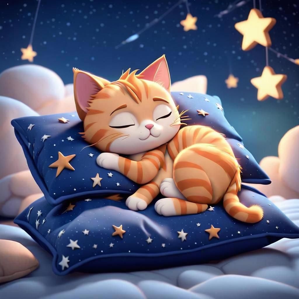 Cute Chibi Kitten Sleeps Under Starry Night Sky