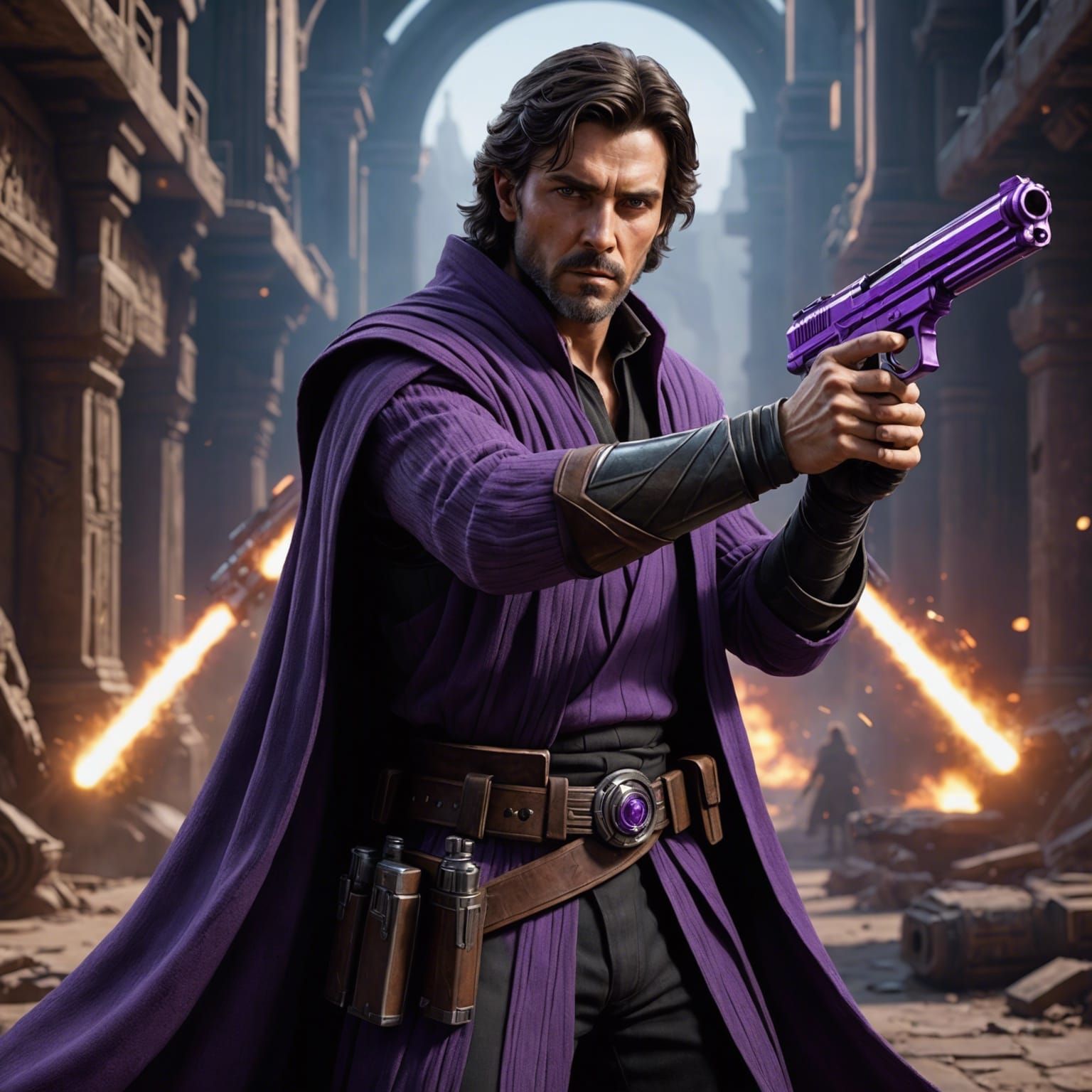 Jedi Master with Blaster Pistol: Detailed Matte Painting