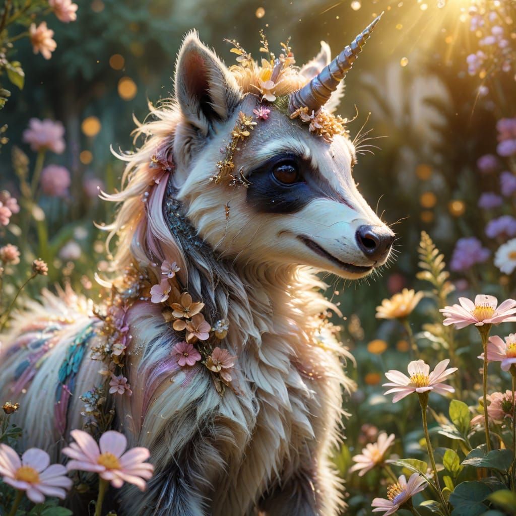 Unicorn Raccoon in a Dreamy Impressionistic Garden