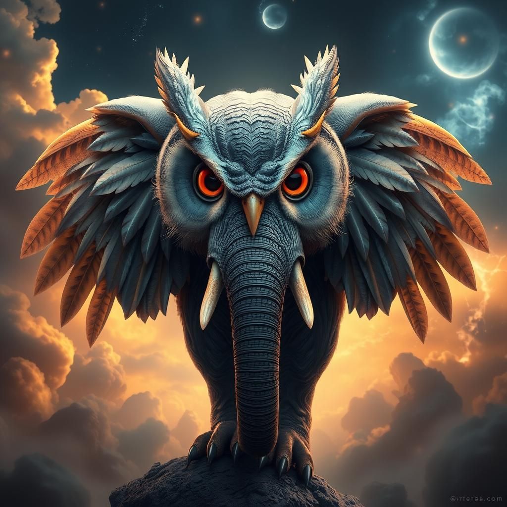 Dreamlike Owl-Elephant Fusion in Fantasy Art Style