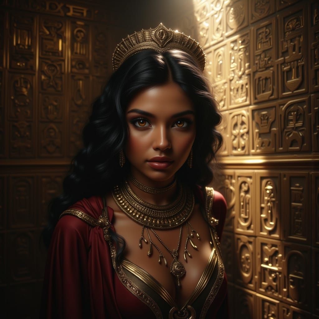 Egyptian Queen in Gold Hieroglyph Tomb