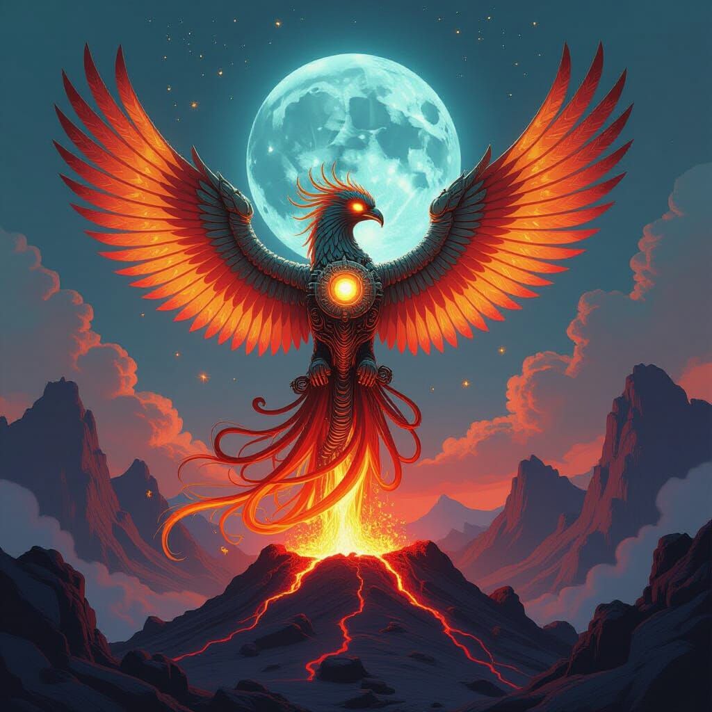 Mechanical Phoenix Rises: Art Nouveau Digital Painting